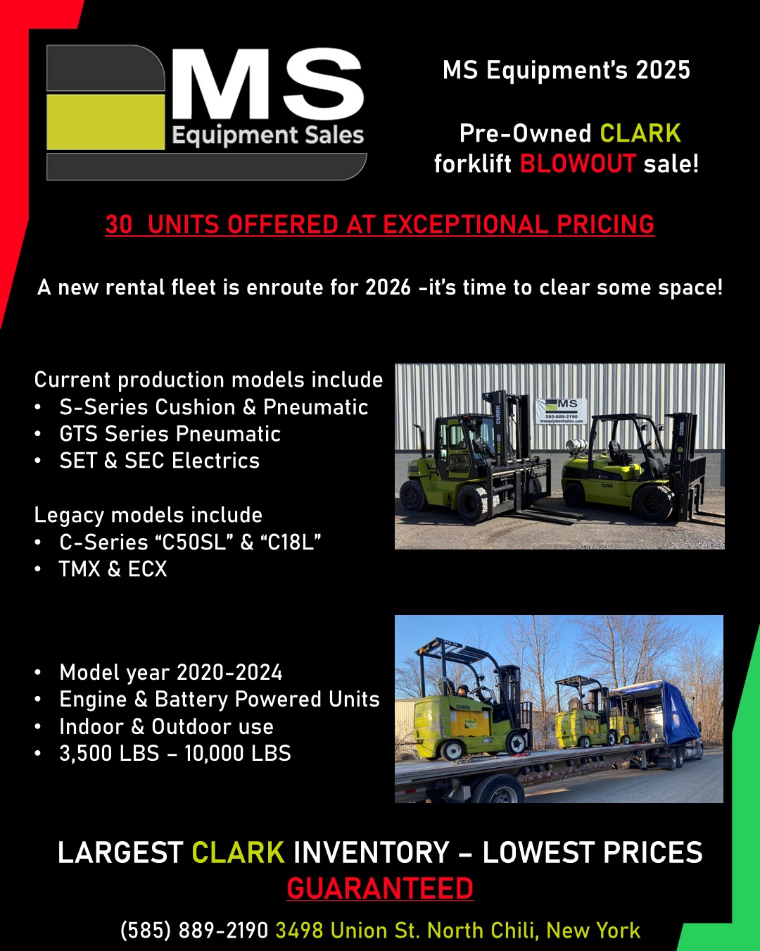 pre-owned CLARK forklifts on sale for the end of 2025 at MS Equipment Sales in Rochester NY